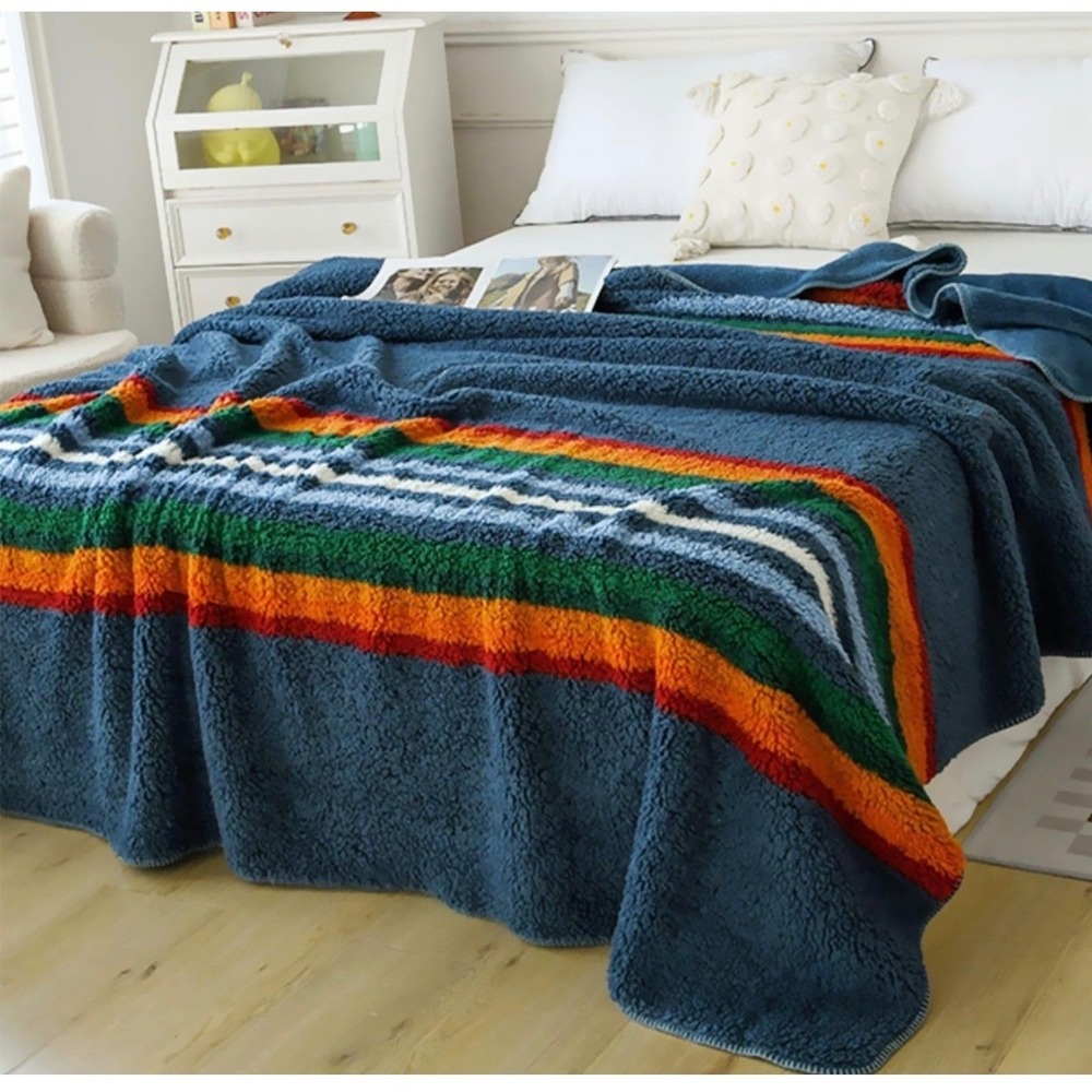 PENDLETON SHERPA FLEECE BLANKET KING 112"x92" SERAPE STRIPE BLUE